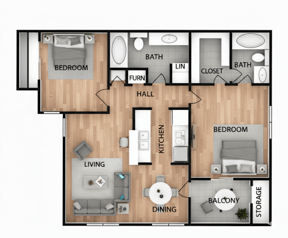 Floor Plan  A floor plan of a house with a living room, dining room, kitchen, two bedrooms, a hall, a bathroom, a closet, and storage.