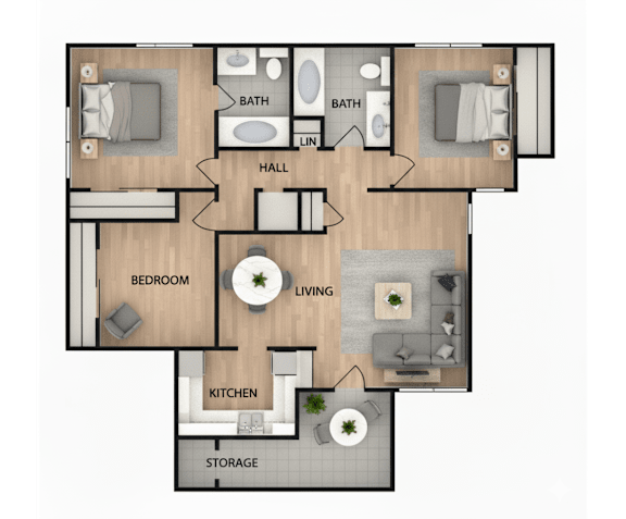 Floor Plan  A floor plan of a house with a living room, two bedrooms, a kitchen, a storage area, and two bathrooms.
