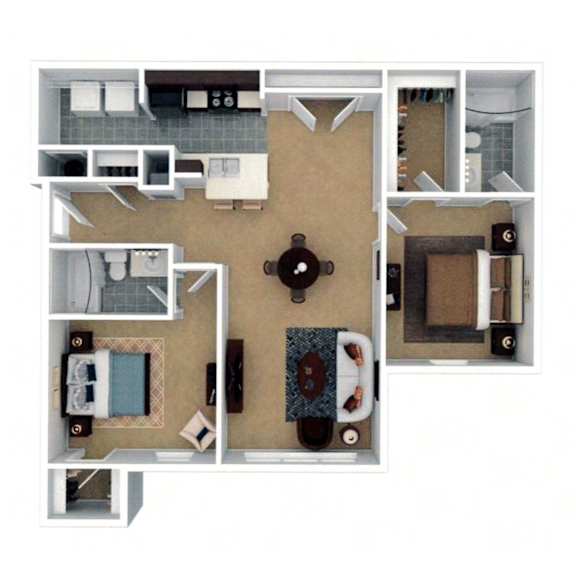 Floor Plan  A top-down view of a small apartment layout with a kitchen, living room, and bathroom.