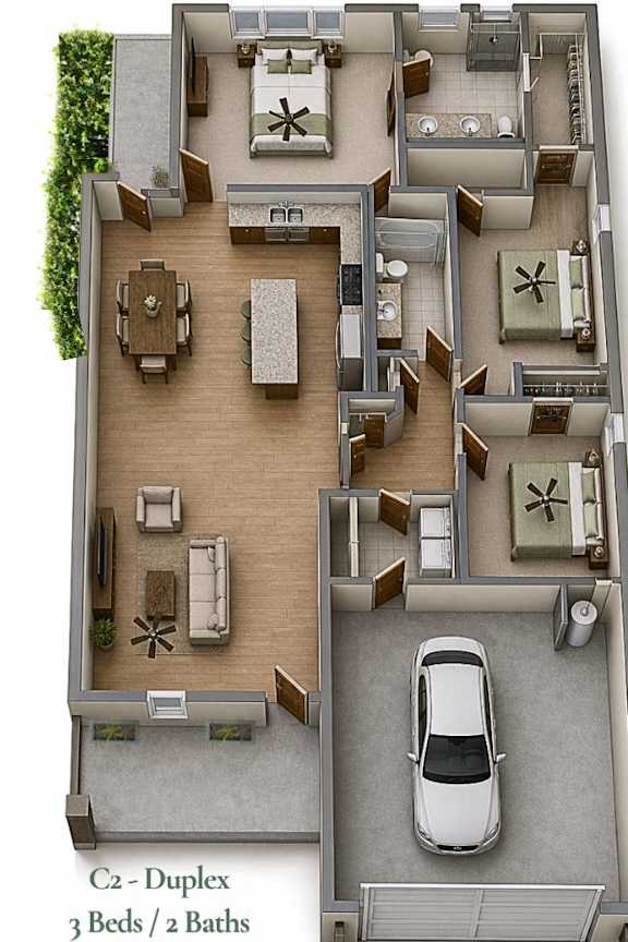 Floor Plan  A floor plan of a C2 Duplex apartment with 3 bedrooms and 2 bathrooms.