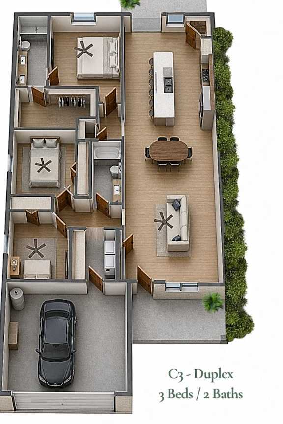 A C3 Duplex apartment with 3 bedrooms and 2 bathrooms is shown in this image.