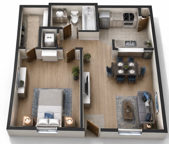 A top-down view of a living room, kitchen, and dining area in a house.
