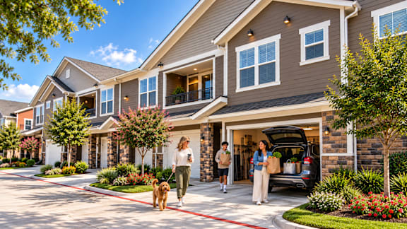 A woman and a man are walking their dog in front of a modern house.