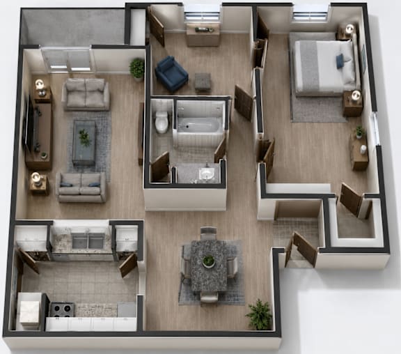 A top-down view of a modern apartment layout with a living room, kitchen, dining area, and bedrooms.
