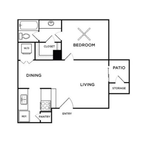 A simple black and white floor plan of a house with a bedroom, a living room, a pantry, a dining area, and a storage area.