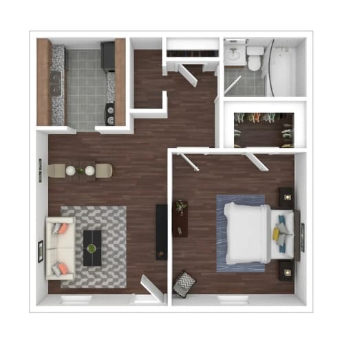 Floor Plan  A top down view of a small apartment with a kitchen, living room, and bedroom.