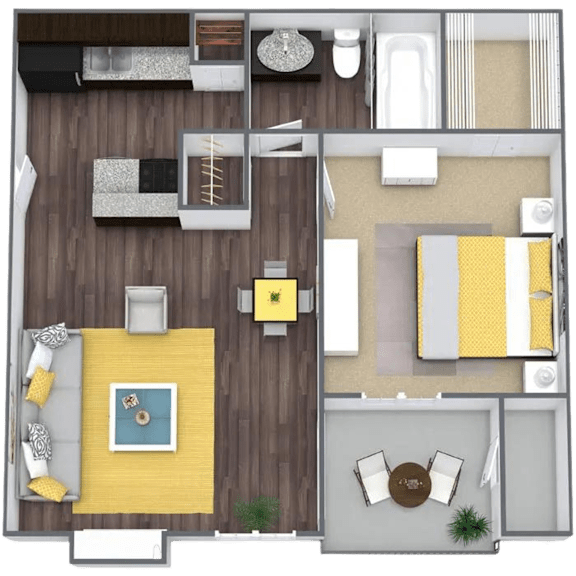 A top-down view of a living room with a yellow sofa and a coffee table.