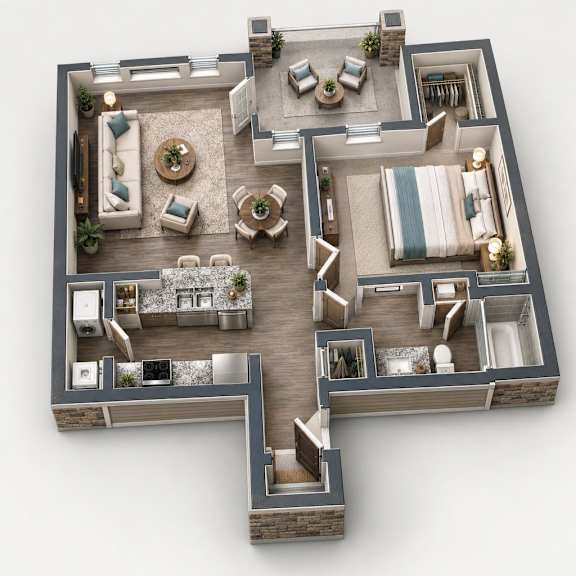 A 3D floor plan of a house with multiple rooms and furniture.