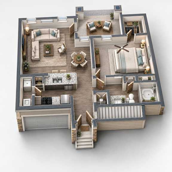 A 3D floor plan of a house with a living room, kitchen, dining room, and two bedrooms.