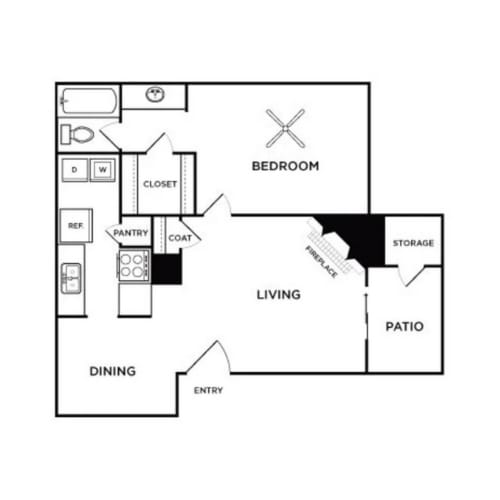 A simple black and white floor plan of a house with labeled rooms.