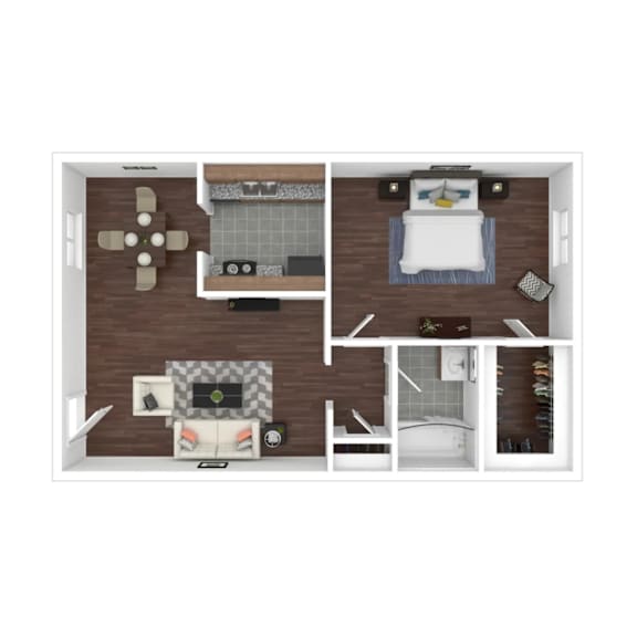 Floor Plan  A top-down view of a small apartment with a bedroom, living room, and kitchen.