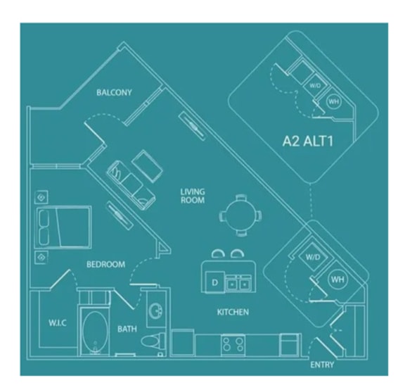 A floor plan of a house with a balcony, living room, kitchen, and bathroom.