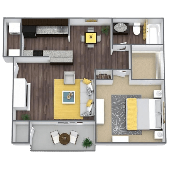 A floor plan of a small apartment with a kitchen, living room, and bedroom.