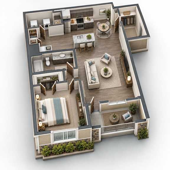 A 3D floor plan of a house with multiple rooms and furniture.