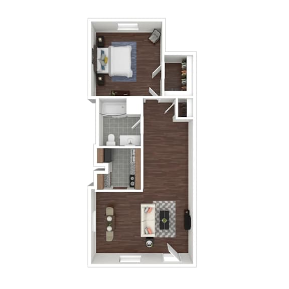 Floor Plan  A floor plan of a small apartment with a bedroom, living room, and bathroom.