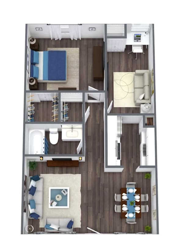 A top-down view of a room with a bed, a couch, a table, and a TV.