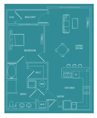 A floor plan of a home showing a bedroom, bathroom, kitchen, living room, and cloakroom.
