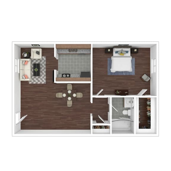 Floor Plan  A top-down view of a small apartment with a kitchen, living room, and bathroom.