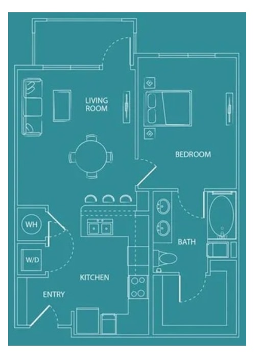 A floor plan of a small apartment with a living room, bedroom, kitchen, and bathroom.
