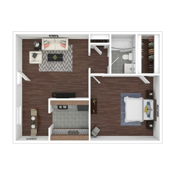 Floor Plan  A top down view of a small apartment with a kitchen, living room, and bedroom.