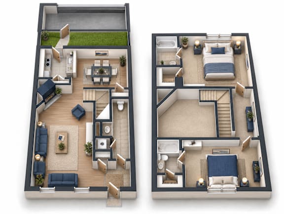Floor Plan  Two floor plans of a house with a living room, kitchen, and bedrooms.