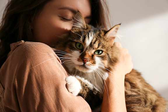 a woman holding a cat on her shoulder