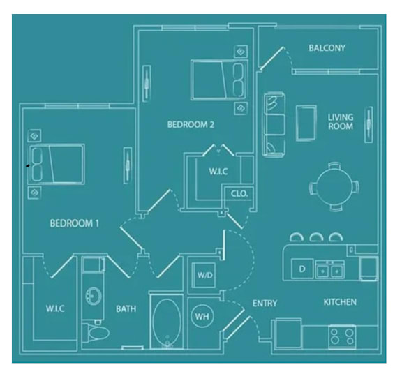 A floor plan of a house with two bedrooms, a living room, a kitchen, a bathroom, and a balcony.
