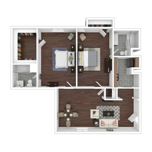 Floor Plan  A top down view of a small apartment with a kitchen, living room, and bathroom.