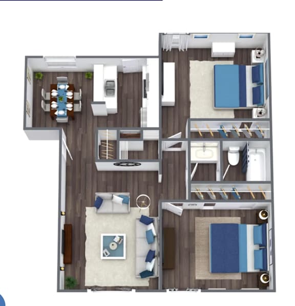 A top-down view of a room with a dining table, couches, and a kitchen area.