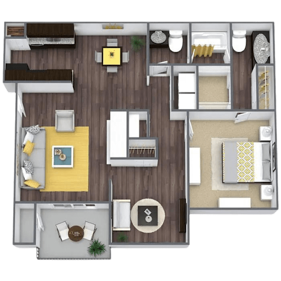 A top-down view of a small apartment with a kitchen, living room, and bedroom.