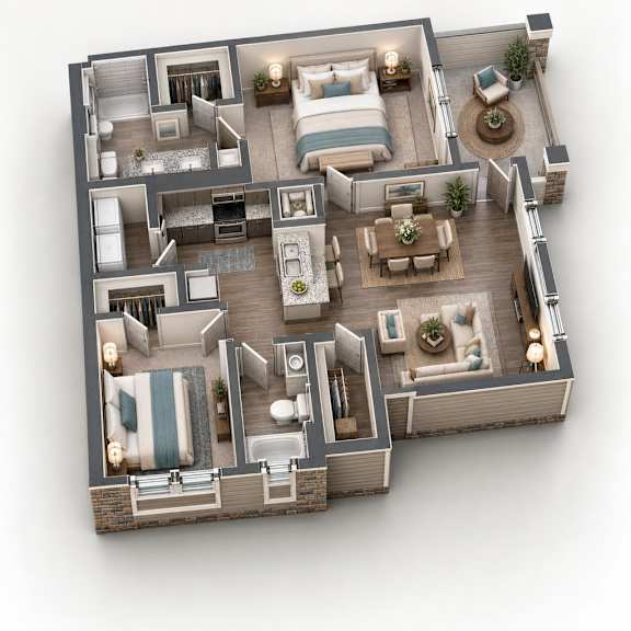 A 3D floor plan of a multi-level home with various rooms and furniture.