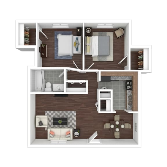 Floor Plan  A top-down view of a small apartment layout with a kitchen, living room, and bedroom.