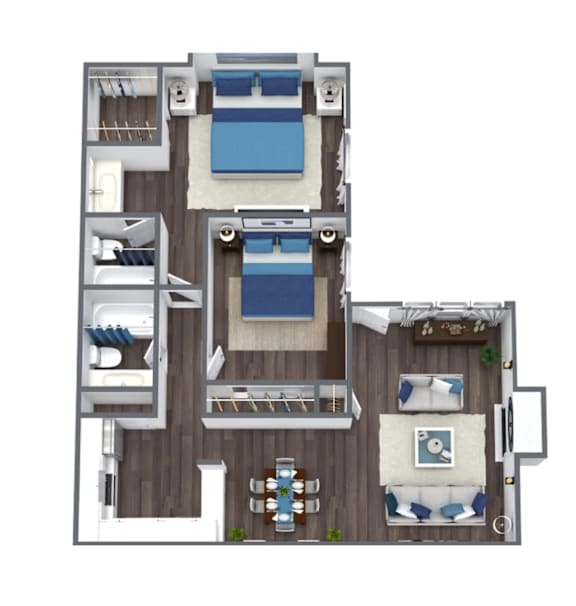 A top-down view of a house layout with a kitchen, living room, and bedrooms.