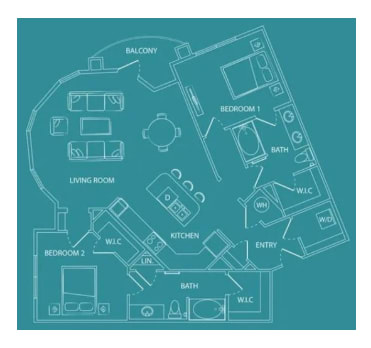 A floor plan of a house with two bedrooms, a living room, a kitchen, a bathroom, and a balcony.
