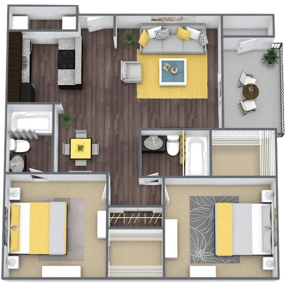 A top-down view of a modern apartment layout with a kitchen, living room, and bedrooms.
