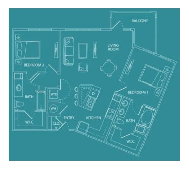 A floor plan of a house with two bedrooms, a living room, a kitchen, a bathroom, and a balcony.