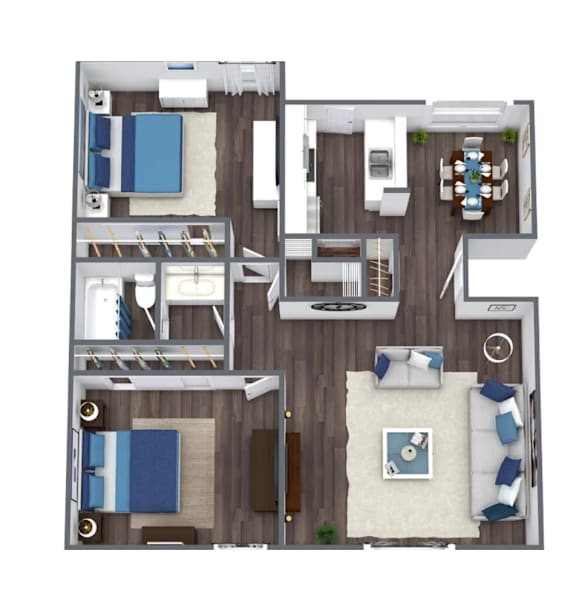 A top-down view of a house layout with multiple rooms and furniture.