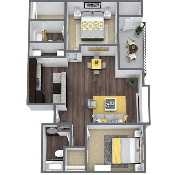 A 3D floor plan of a house with a kitchen, living room, and two bedrooms.