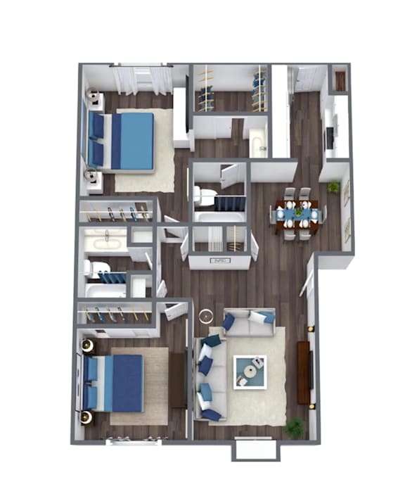 A 3D floor plan of a house with a kitchen, living room, and bedrooms.