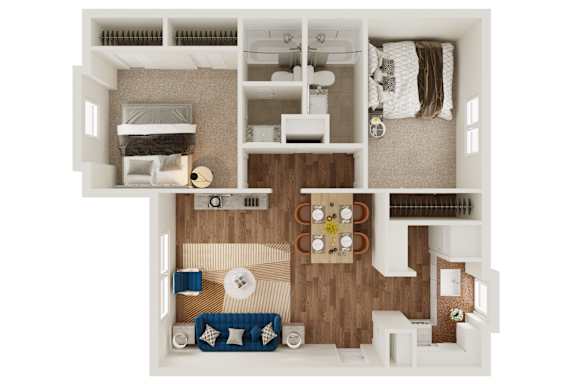 A floor plan of a house with two bedrooms, a living room, a kitchen, a bathroom, a balcony, and an entry way.