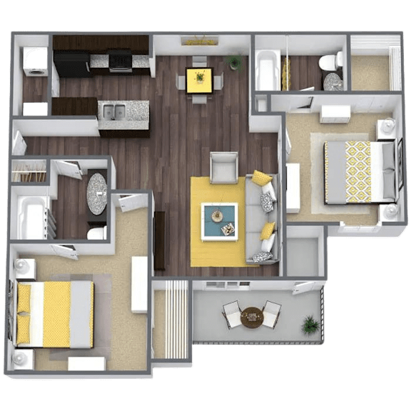 A 3D floor plan of a house with a living room, kitchen, and two bedrooms.