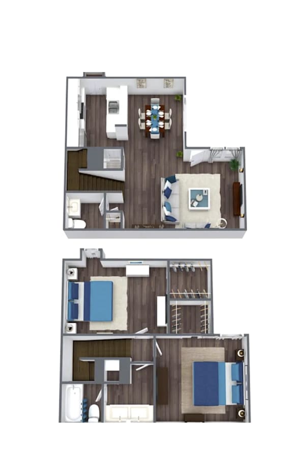A floor plan of a two-story apartment with a living room, kitchen, and bedrooms.