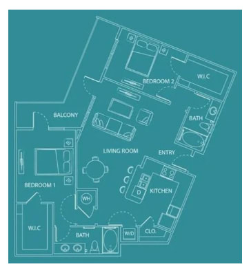 A floor plan of a house with two bedrooms, a living room, a kitchen, a bathroom, a cloakroom, and a balcony.