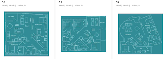 Three floor plans for a 2 bedroom, 2 bathroom apartment.