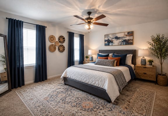 A bedroom with a large bed and a ceiling fan.