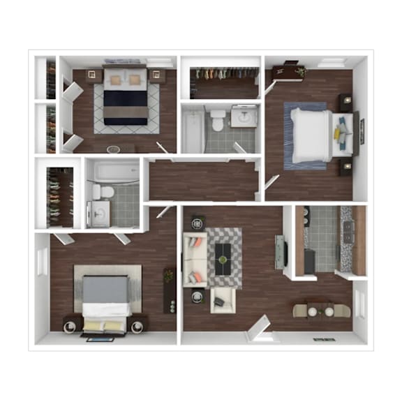 Floor Plan  A top-down view of a small apartment layout with a living room, kitchen, and bedrooms.