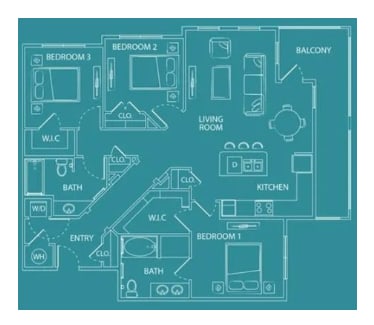 A floor plan of a house with labeled rooms such as Bedroom 1, Bath, Kitchen, Living Room, and Balcony.