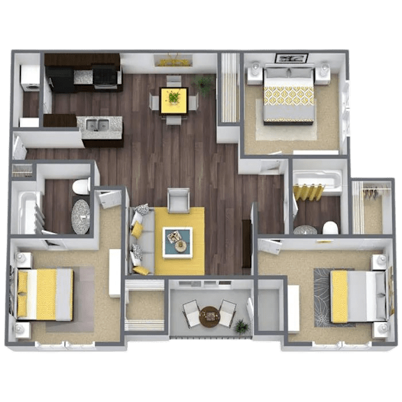 A floor plan of a two-bedroom apartment with a living room, kitchen, and bathroom.