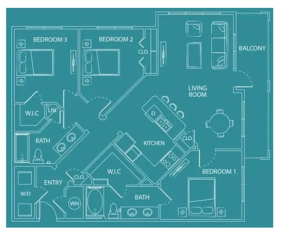 A floor plan of a house with three bedrooms, a living room, a kitchen, a bath, and an entry way.