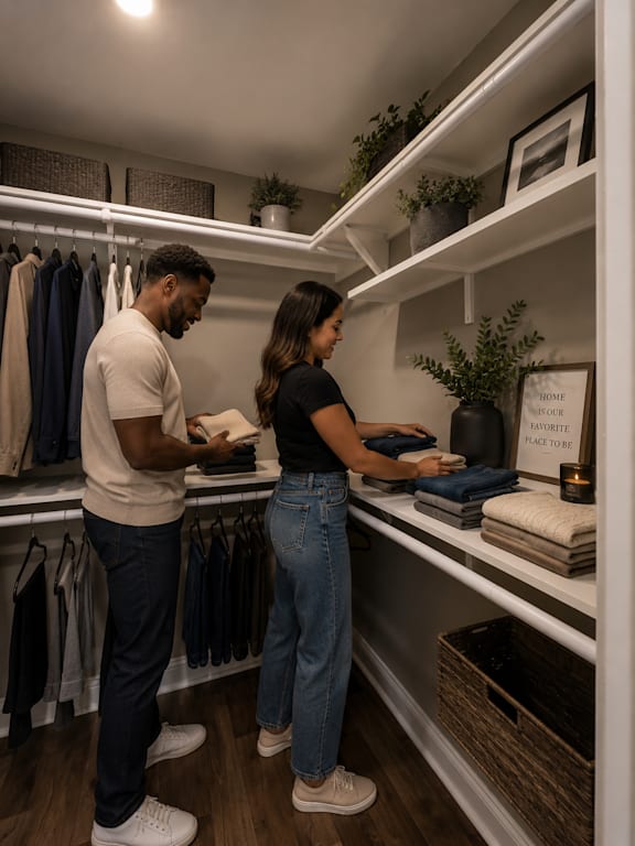 A man and a woman are shopping for clothes in a well-organized store.